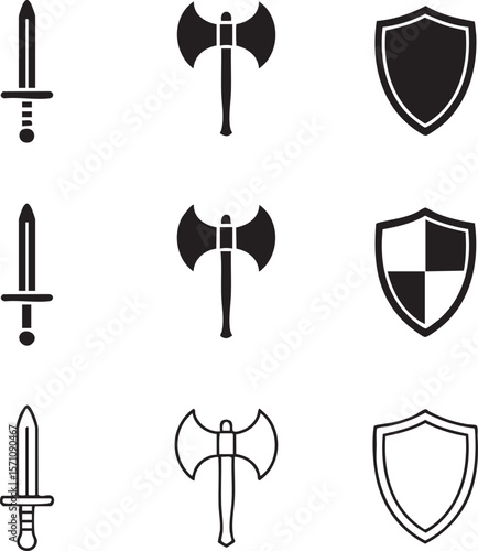 Medieval weaponry icon set featuring swords axes and shields in simple black and white designs