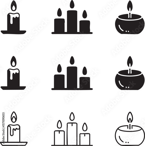 Minimalist black and white candle vector icon set featuring single and grouped candles in various shapes and styles