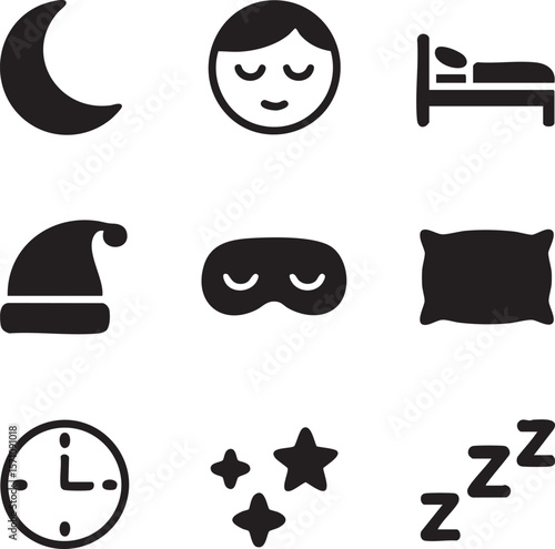 Sleep and bedtime elements black icon set including sleeping face bed moon and stars sleep mask