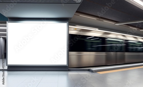 Fototapeta Naklejka Na Ścianę i Meble -  A pristine white billboard a canvas of endless possibilities stood sentinel in a bustling modern subway station bathed in the soft diffused glow of the fluorescent lights A sleek silver train zipped p