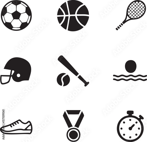 Sport and fitness vector icon set featuring soccer basketball tennis baseball swimming and athletic achievement equipment and timekeeping