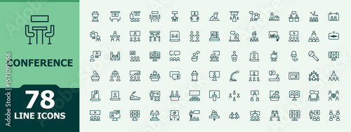 Conference line icon set. Includes symbols for meet, team, work, presentation, business and more. Seminar simple icon set. Minimalist icons pack. Editable stroke. Vector illustration.