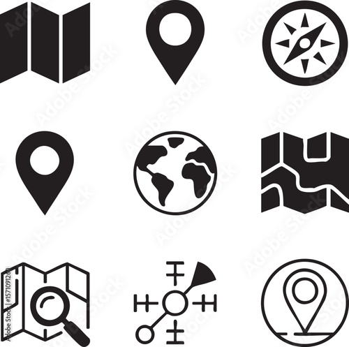 Travel and navigation black icon set featuring compass map and globe location marker icons minimalist vector illustration