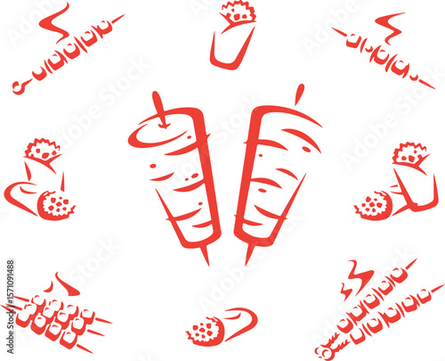 Shawarma Icon Set – Kebab, Red, Grill, Street Food, Wrap, Spit, Meat, Flame, Middle Eastern, BBQ
