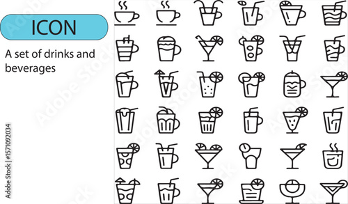 A set of various drinks and beverages editable line art icon