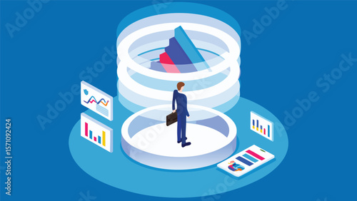 Isometric illustration of a businessman standing in a data analysis platform with charts around him