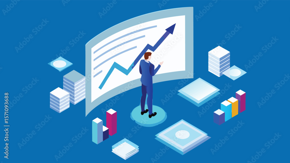 Isometric illustration of a businessman analyzing an upward trending graph on a screen display Isometric illustration of a businessman analyzing an upward trending graph on a screen display
