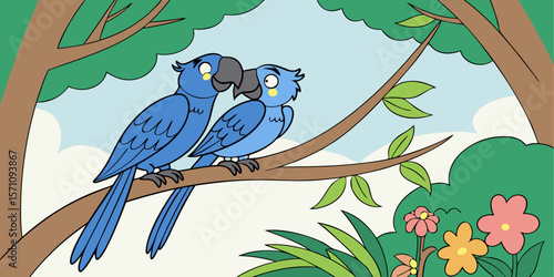 Pair of Blue Hyacinth Macaws perched closely on a branch, displaying affection vector illustration.
