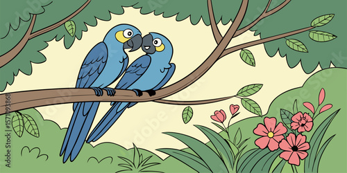 Pair of Blue Hyacinth Macaws perched closely on a branch, displaying affection vector illustration.