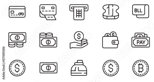 Diverse Depiction of Money and Payment Methods Line Art Illustrating
