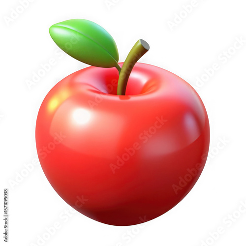 Photo of a shiny red apple with a green leaf, isolated on transparent background