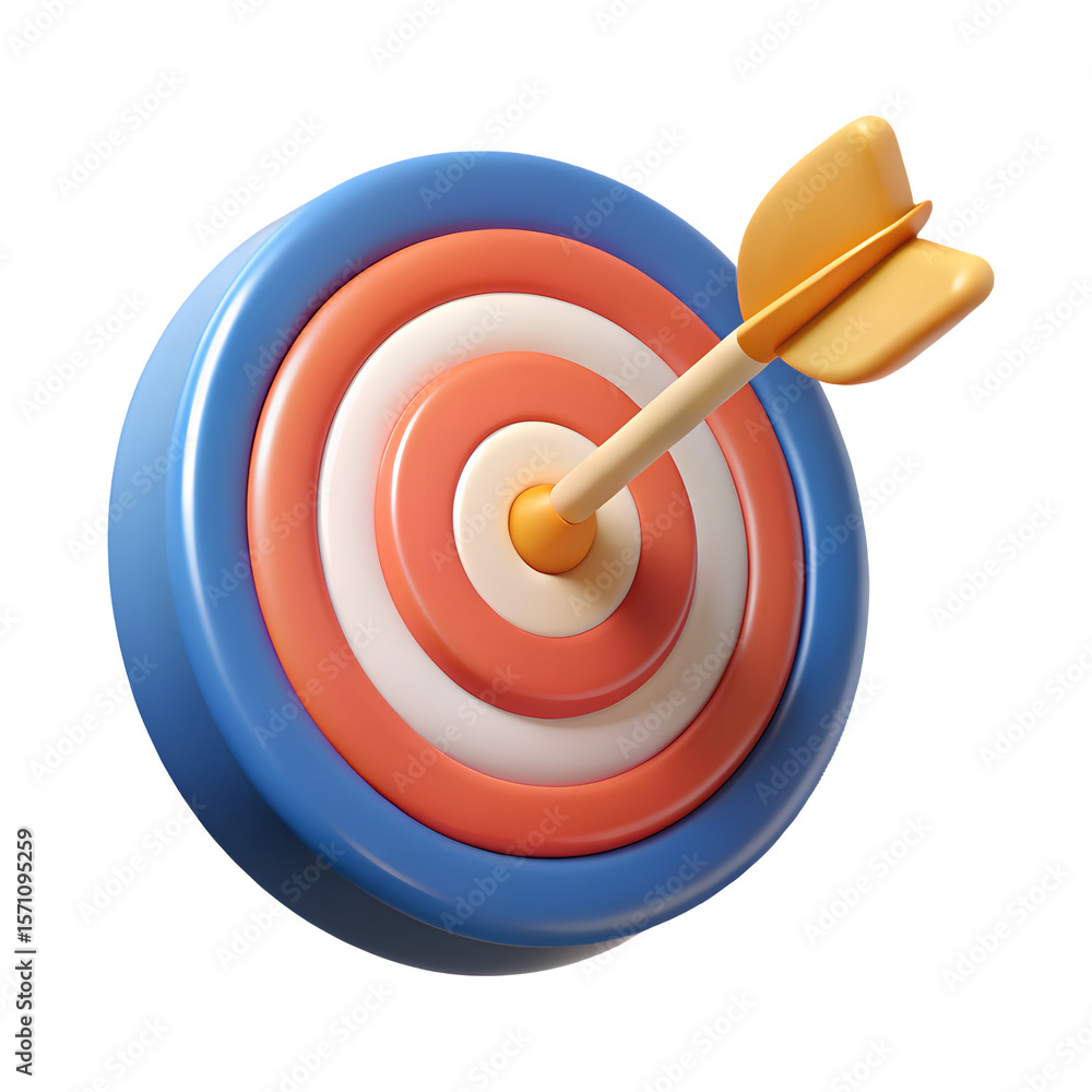 3D Target with Dart Arrow – Success, Goal Achievement, and Strategy Icon, Isolated on White or Transparent Background