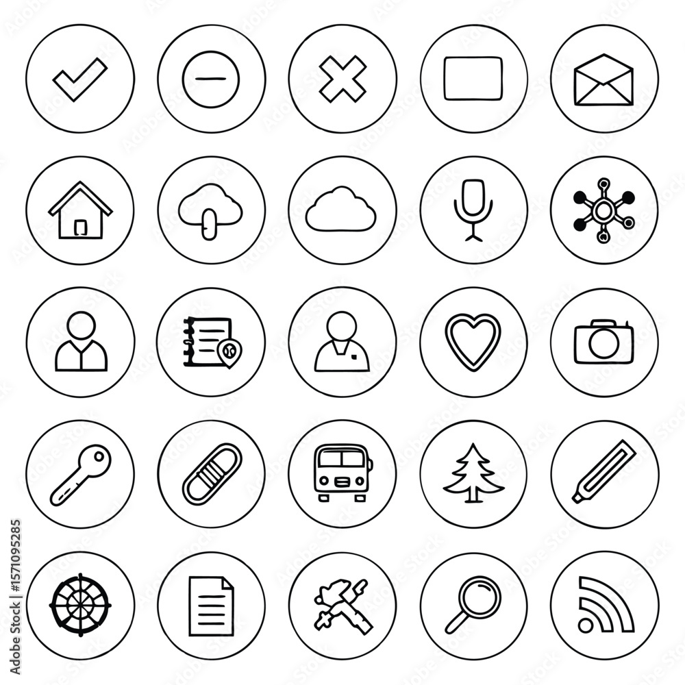 Fototapeta premium Collection of simple outline icons representing various concepts and objects