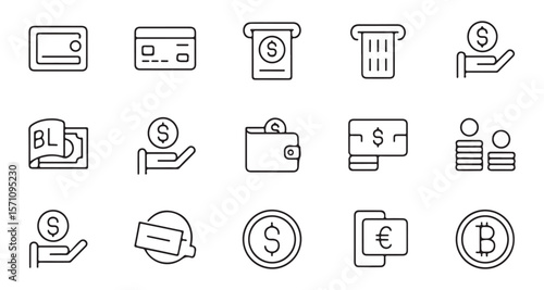 Financial Icons Depicting Transactions and Currency Symbols Representing Banking Methods and Digital Money Concepts