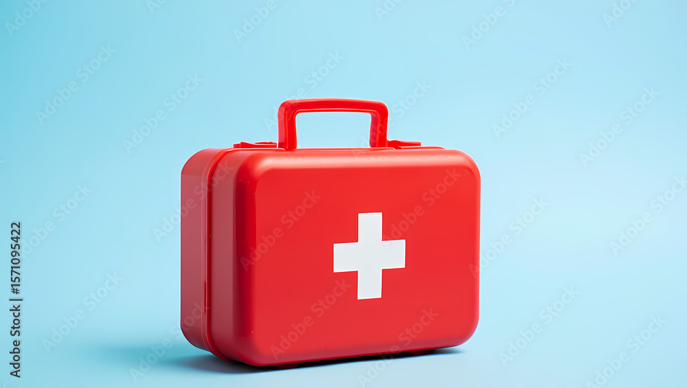 Fototapeta premium Red Closed First Aid Kit Box with White Cross Symbol on a Blue Background, Signifying Emergency Preparedness, Medical Readiness, and Healthcare Safety.