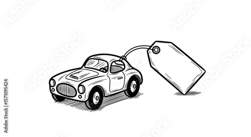 Retro doodle sketch of a toy car with a blank price tag, perfect for toy store sales, discounts, and Black Friday theme

