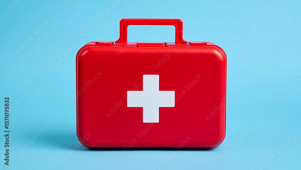 Red Closed First Aid Kit Box with White Cross Symbol on a Blue Background, Signifying Emergency Preparedness, Medical Readiness, and Healthcare Safety. Red Closed First Aid Kit Box with White Cross Symbol on a Blue Background, Signifying Emergency Preparedness, Medical Readiness, and Healthcare Safety.