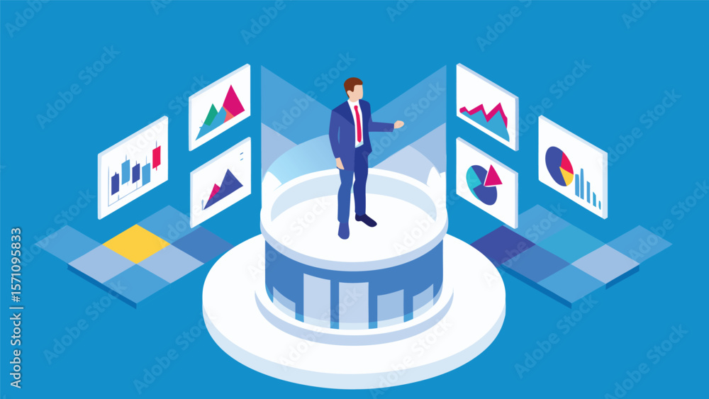 Isometric view of a businessman presenting financial data on a platform surrounded by charts Isometric view of a businessman presenting financial data on a platform surrounded by charts