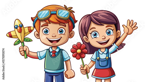The boy and girl stand side by side, waving happily at the viewer. She holds a flower, he holds a toy airplane. With soft shadows and expressive faces, their friendly 3D forms shine on a white backgro
