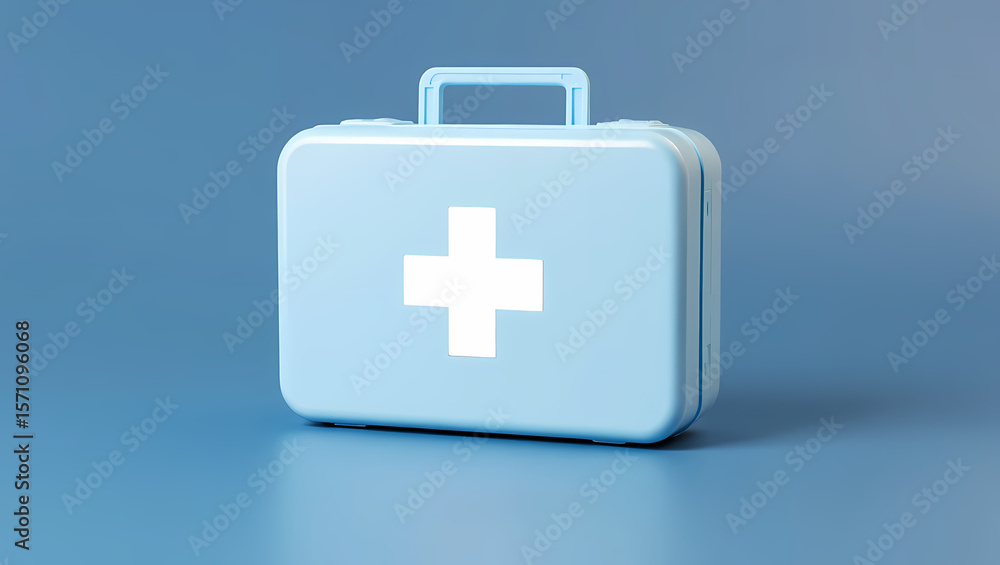 Fototapeta premium Red Closed First Aid Kit Box with White Cross Symbol on a Blue Background, Signifying Emergency Preparedness, Medical Readiness, and Healthcare Safety.