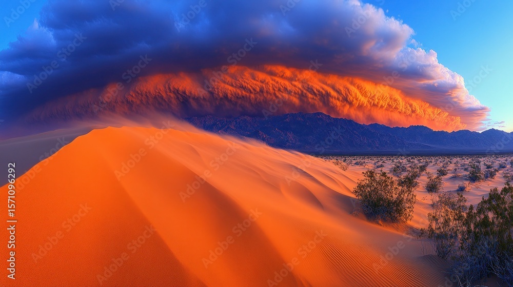 Fototapeta premium Dramatic sunset over sand dunes with a stormy sky