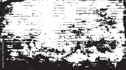 A black and white image of a distressed brick wall with heavy grunge and paint peeling texture effect