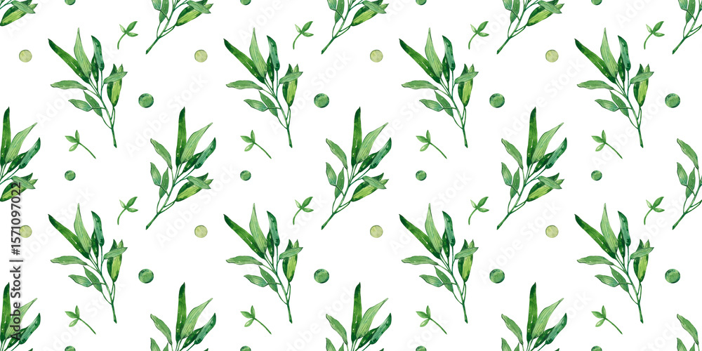 Fototapeta premium A seamless pattern of green leaves and small circles on a white background. The design features various shades of green, creating a fresh and natural look. Watercolor illustration.