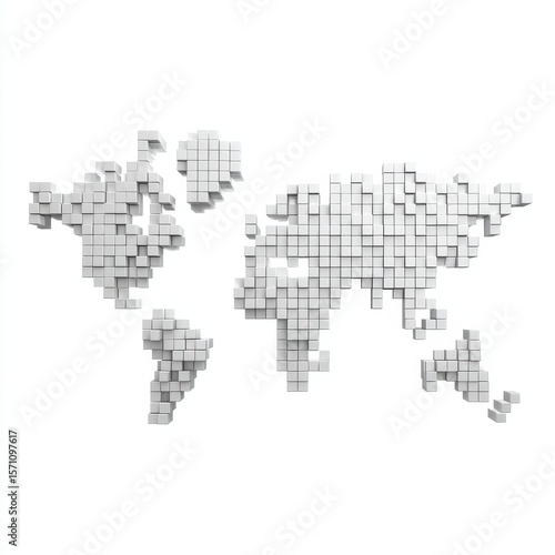 A conceptual illustration of a world map created from white cubes, representing global connection and digital infrastructure expansion