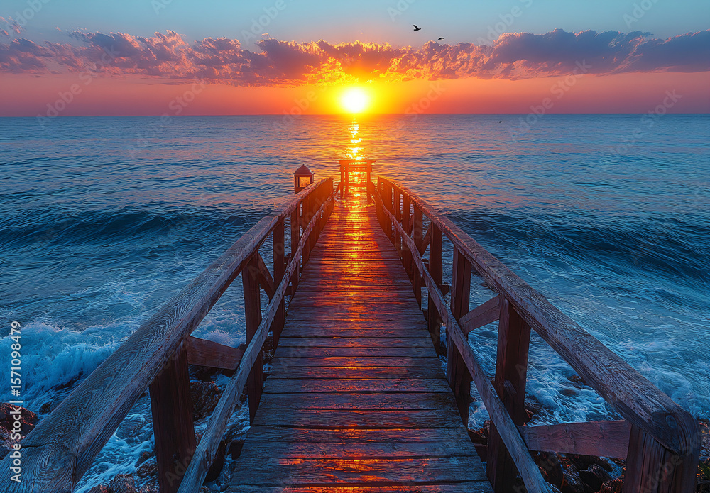 Obraz premium Wooden pier extends into the ocean at sunrise