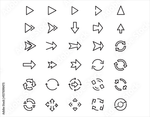 Flat linear arrows used as navigation cursors in apps and computer interfaces, including download symbols.