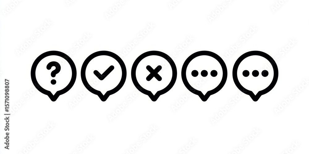 Fototapeta premium Illustrative icons representing communication feedback, showcasing questioning, acceptance, rejection, and ongoing dialogue for responsive interaction