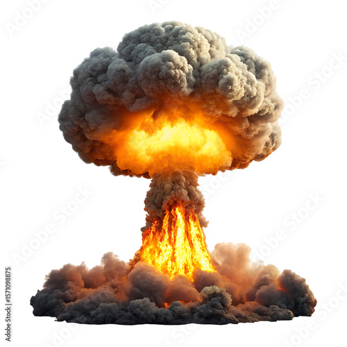 Massive nuclear mushroom cloud explosion with intense fire and smoke isolated on transparent background