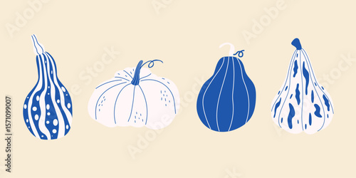 Autumn hand drawn blue line pumpkins set in cartoon groovy funky style. Fall ripe vegetables of various shapes and colors. Harvest time. Vector flat seasonal graphic elements