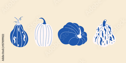 Autumn hand drawn blue line pumpkins set in cartoon groovy funky style. Fall ripe vegetables of various shapes and colors. Harvest time. Vector flat seasonal graphic elements