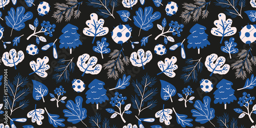 Autumn rustic seamless pattern in boho style. Fall season background for textile, fabric, print, wrapping paper. Autumn leaves, tree, ladybug. Wild forest vector illustration