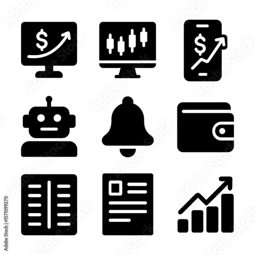 Stock trading and finance icon set showing charts, candlesticks, robot advisor, wallet, notifications, articles, and mobile analytics. Suitable for trading platforms and fintech dashboards.