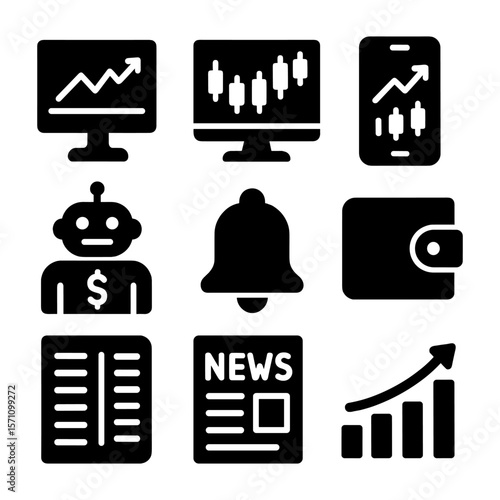 Modern trading and financial icon set with stock charts, robot advisor, wallet, news article, alert bell, and market growth. Ideal for fintech UI and investment platforms.