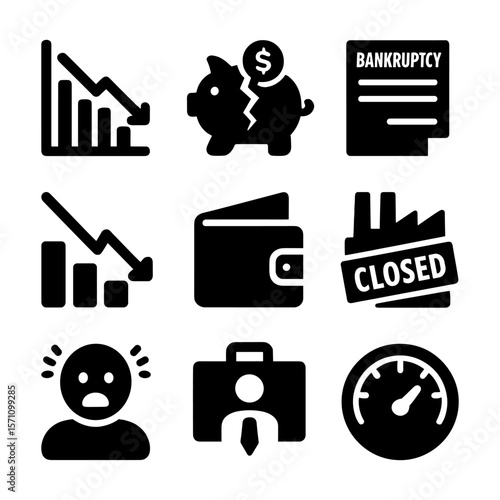 Icon set about economic downturn showing falling graphs, broken piggy bank, bankruptcy paper, wallet, job termination, factory closure, and panic faces.