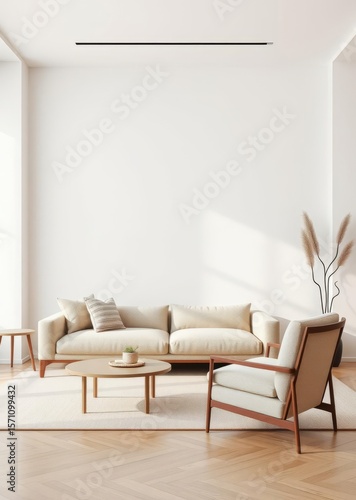 Minimalist japandi style interior design of modern living room beige boucle sofa and stylish armchair against blank mock up wall with copy space Empty room interior design Ultra realistic Photore