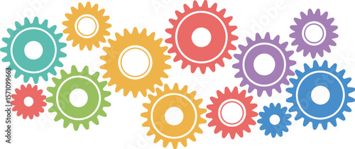 Cogs and gears in blue, purple and pink on isolated background