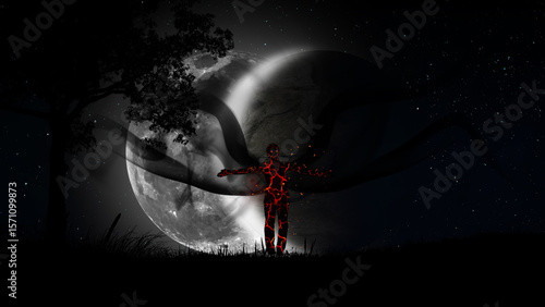 Obraz na płótnie A man with lava cracks all over his body and sparks of fire in clouds of black smoke against the background of a total lunar eclipse