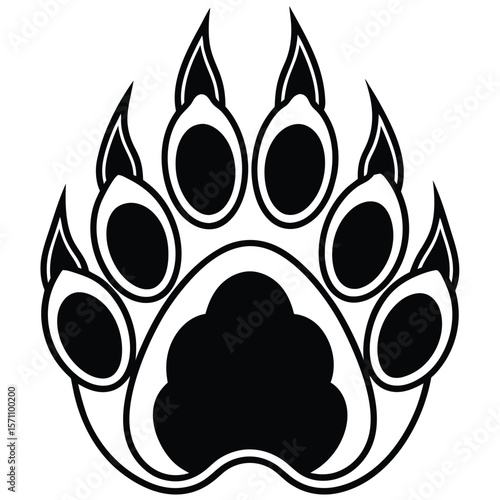 Bold black and white bear paw print silhouette with sharp claws