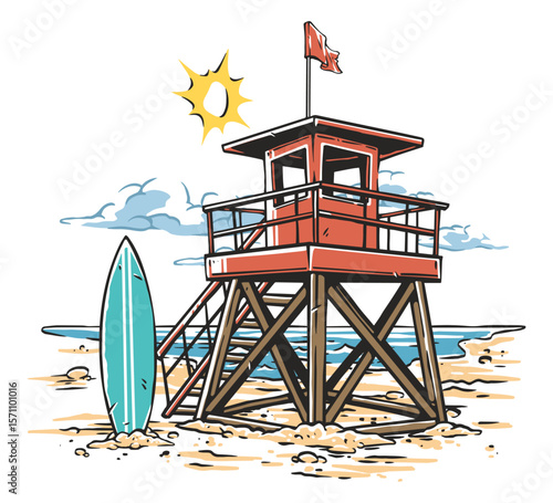 Lifeguard tower by the beach under a bright sun