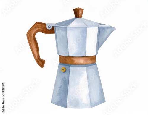 Watercolor Illustration Of A Light Blue Moka Pot