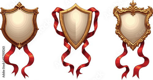 Create a kinds of deferent Shields with golden frame and red ribbons vector art with white background.