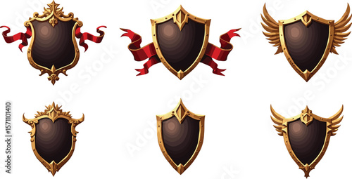 Create a kinds of deferent Shields with golden frame and red ribbons vector art with white background.