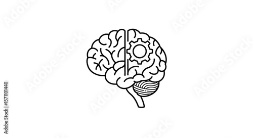 A stylized brain illustration, one hemisphere with anatomical details, the other with a gear inside, symbolizing thought process.
