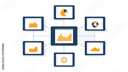 Central processing unit connecting to laptops displaying data and image on a cloud background