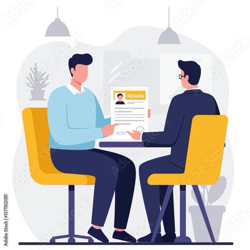 Two businesspeople engaged in a job interview, reviewing a resume.