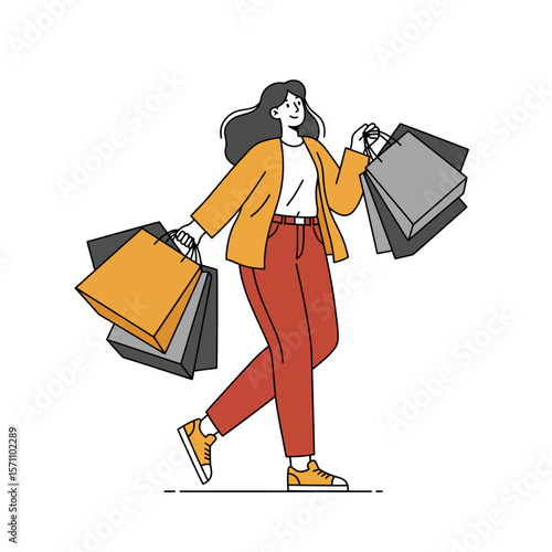 A cheerful woman strolls happily, laden with colorful shopping bags.